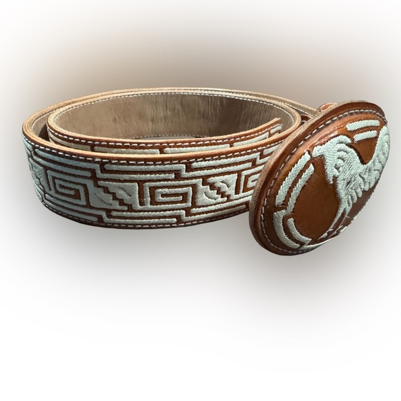 Authentic piteado belt charro style leather and pita belt size 36 - Picture 2 of 4